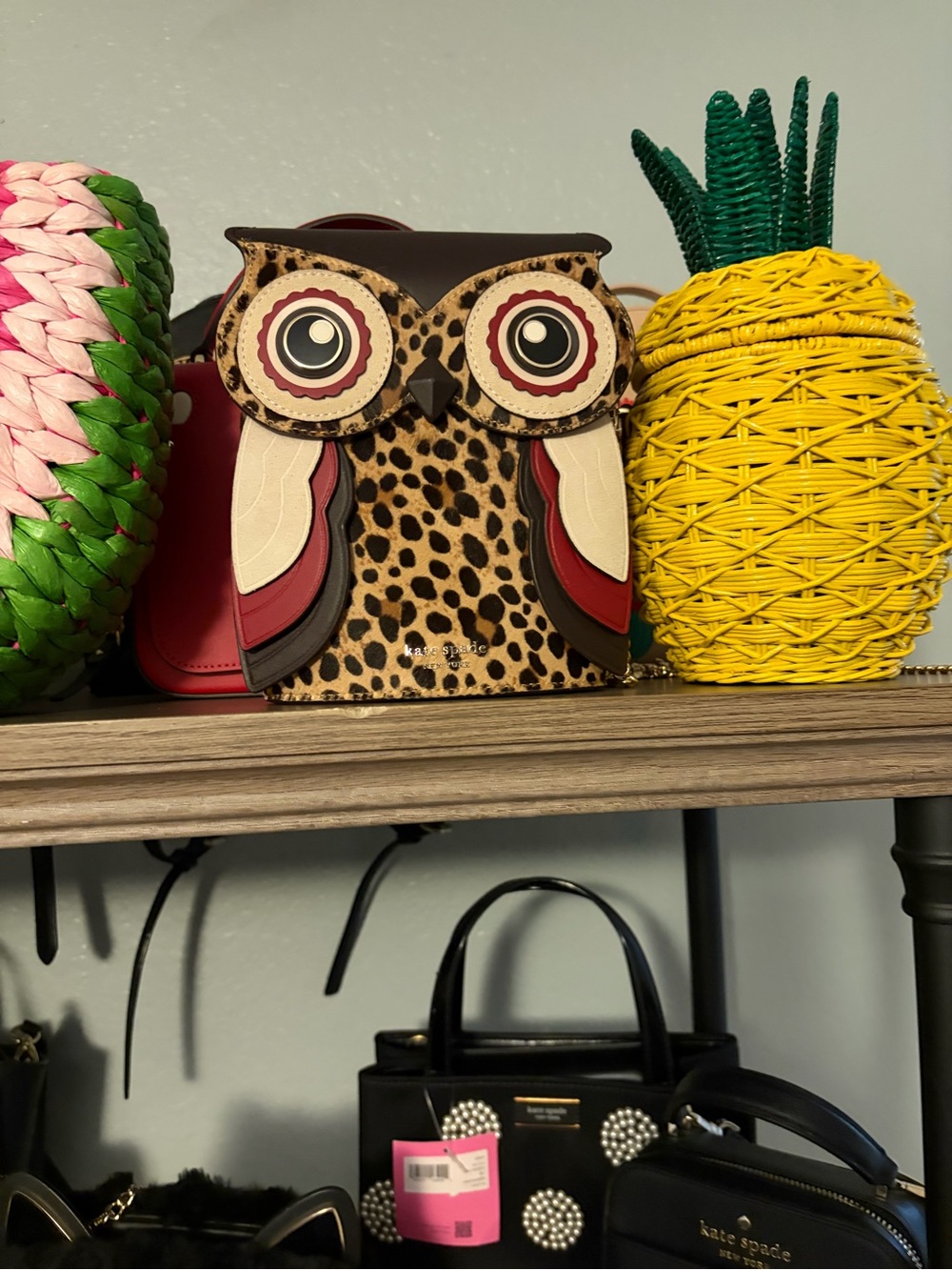 kate spade Leopard Owl Crossbody Bag with Red, Cream, Black Accents